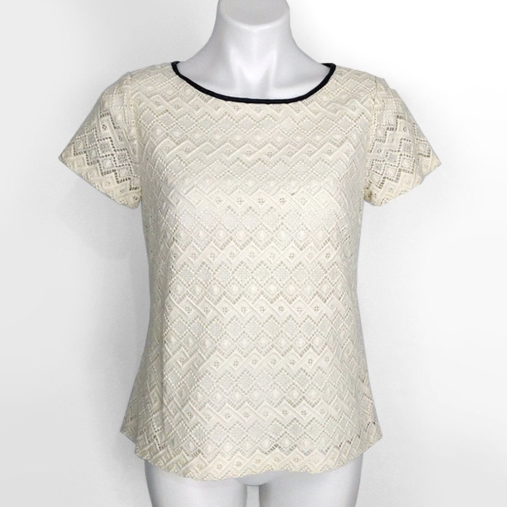 Talbots Cotton Lyocell Lace Leather Trim Top 10P